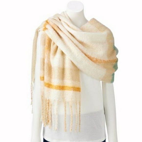 Lauren Conrad LC Cream Beige Seafoam Green Plaid Blanket Scarf Wrap NWT - Picture 1 of 9